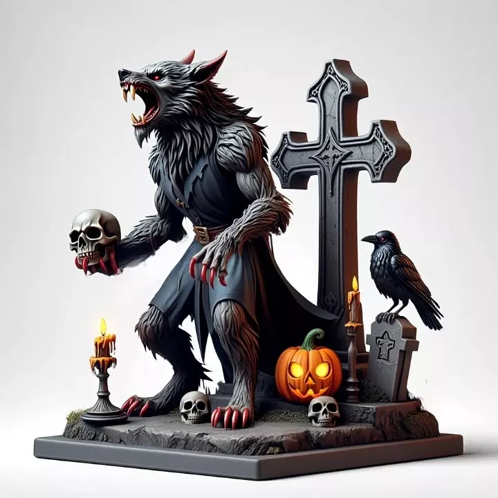 2714COLOR Werewolf Howling with Skull  3D Model Halloween 3D print model_3