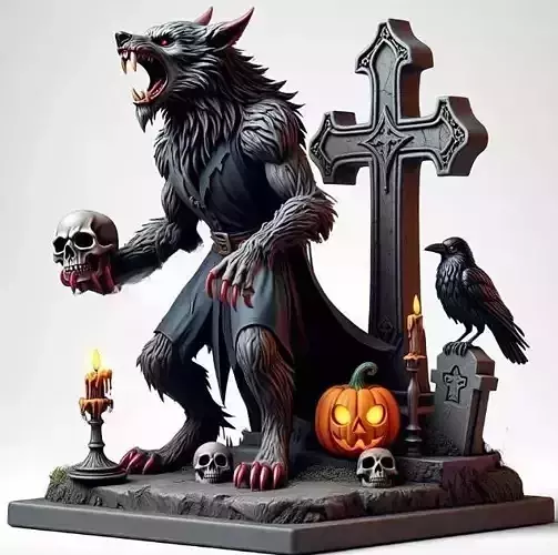 2714COLOR Werewolf Howling with Skull  3D Model Halloween