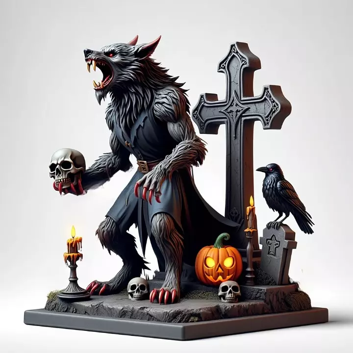 2714COLOR Werewolf Howling with Skull  3D Model Halloween 3D print model_1