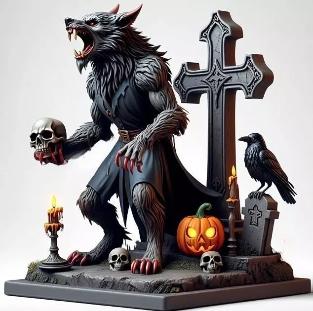 2714COLOR Werewolf Howling with Skull  3D Model Halloween 3D print model_7