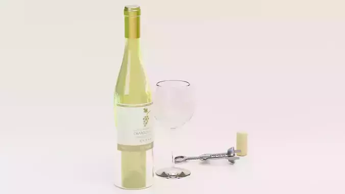 White Wine Set - Bottle with Concept Label and Accessories 3D model 2