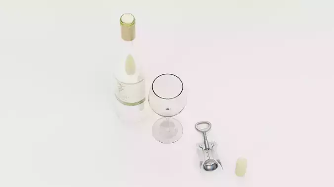 White Wine Set - Bottle with Concept Label and Accessories 3D model 4