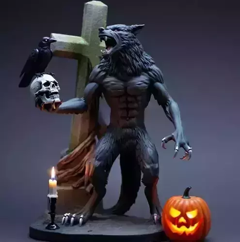2715COLOR Werewolf Howling with Skull  3D Model  Halloween