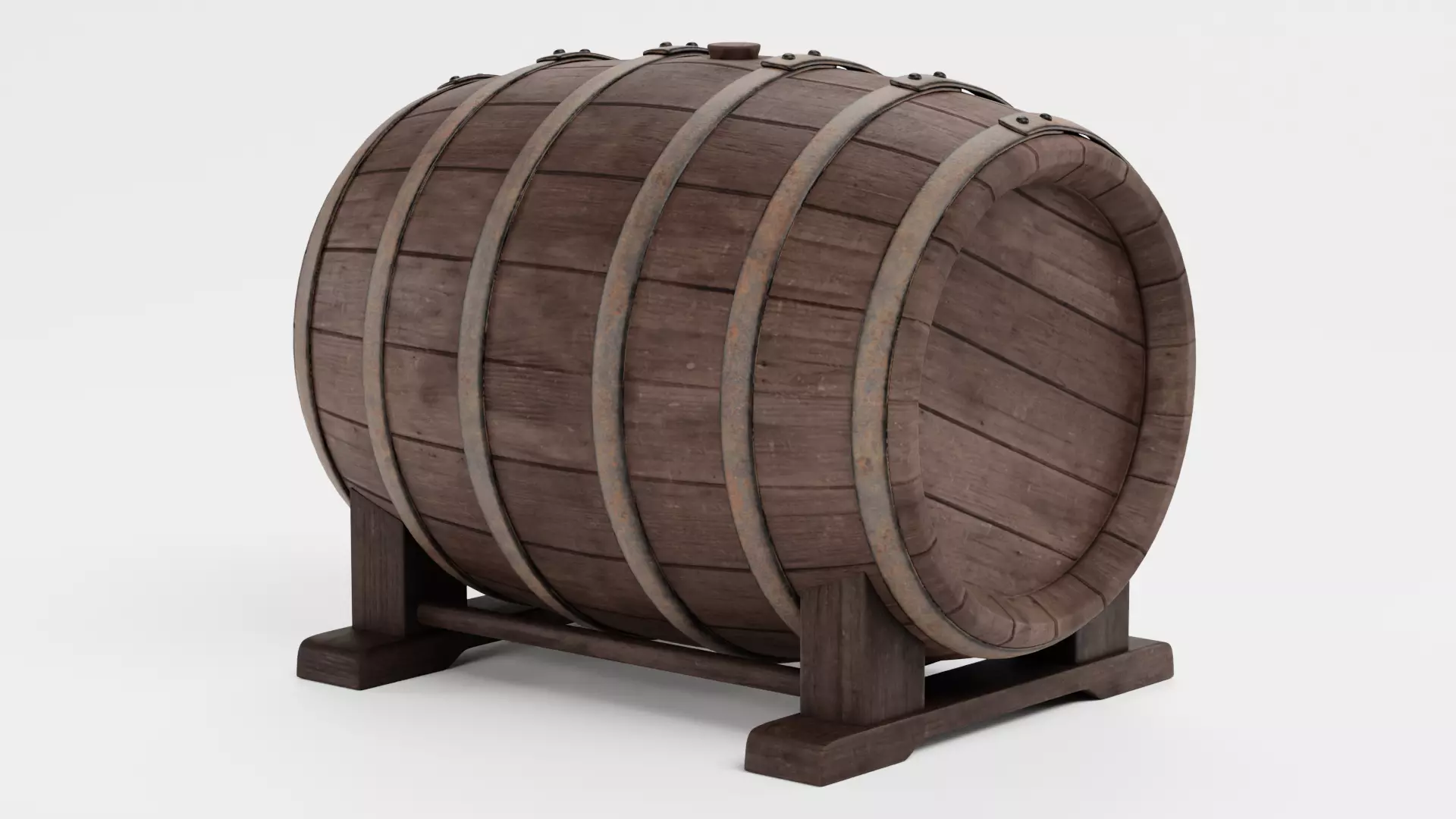 Wine Barrel V6 - Dark Worn Oak Cask on Stand Low-poly 3D model