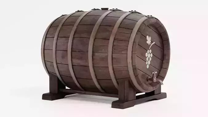 Wine Barrel V8 - Tapped Dark Cask with Grape Symbol and Spigot Low-poly 3D model 2