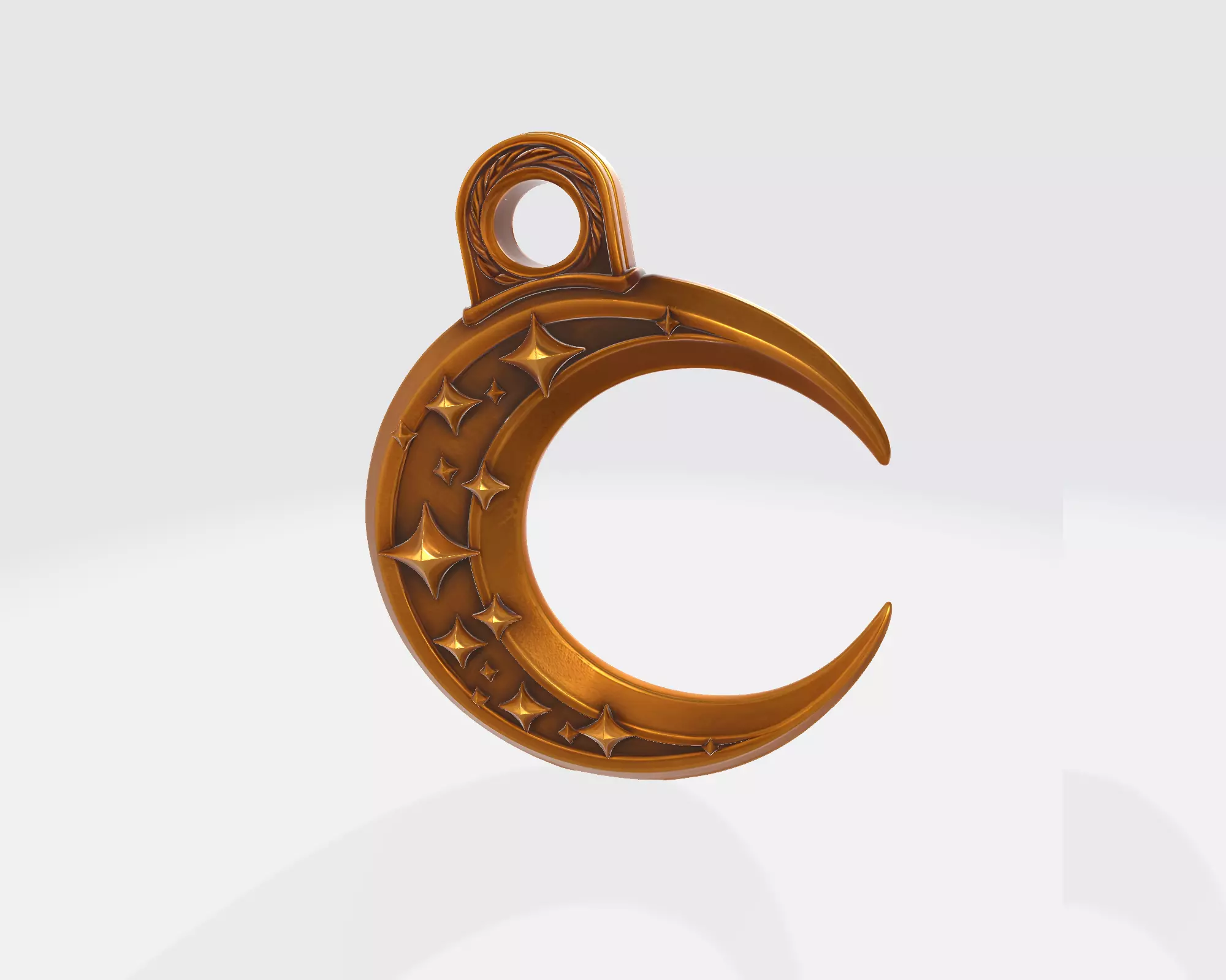 Golden Crescent Moon Pendant with Star Engraving  3D print model_2