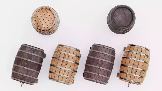 6 Wine Barrels - Oak and Dark Casks with Stands and Spigots  Low-poly 3D model 3