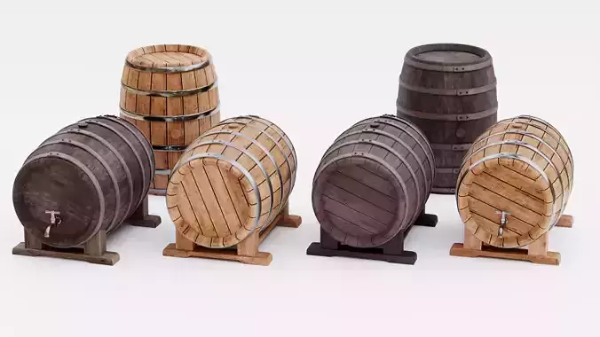 6 Wine Barrels - Oak and Dark Casks with Stands and Spigots  Low-poly 3D model 4