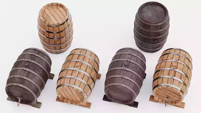 6 Wine Barrels - Oak and Dark Casks with Stands and Spigots  Low-poly 3D model 2