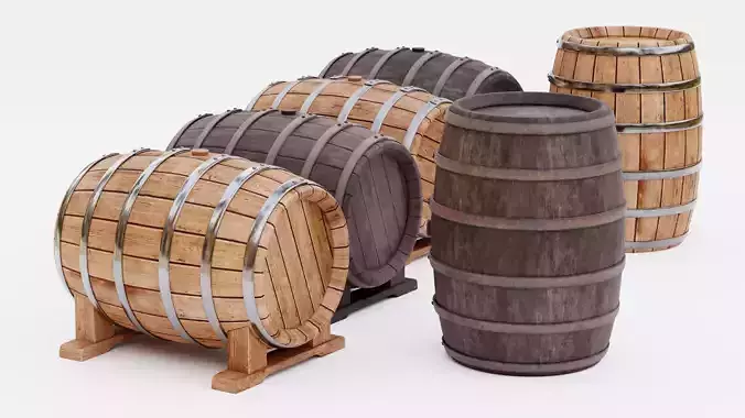 6 Wine Barrels - Oak and Dark Casks with Stands and Spigots  Low-poly 3D model 6