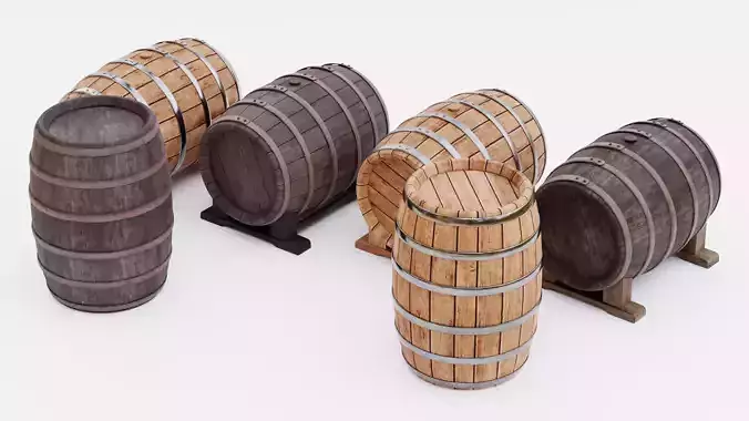 6 Wine Barrels - Oak and Dark Casks with Stands and Spigots  Low-poly 3D model 5