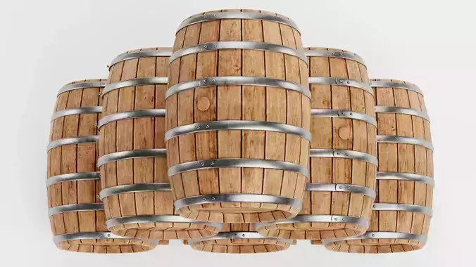 Wine Barrels Pile V1 - Oak Casks on Stands Stack 3D model 7