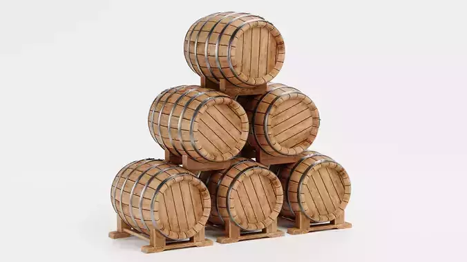 Wine Barrels Pile V1 - Oak Casks on Stands Stack 3D model