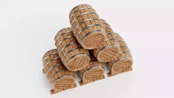 Wine Barrels Pile V1 - Oak Casks on Stands Stack 3D model 6