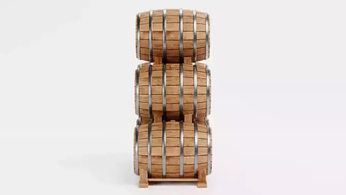 Wine Barrels Pile V1 - Oak Casks on Stands Stack 3D model 4
