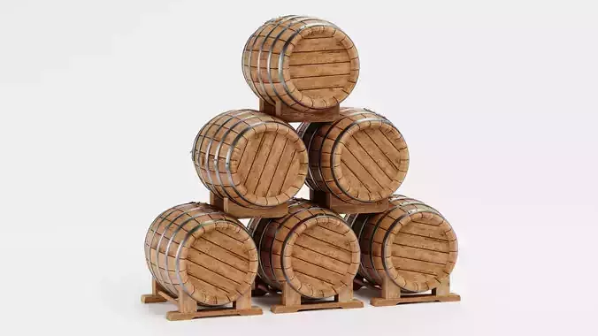 Wine Barrels Pile V1 - Oak Casks on Stands Stack 3D model 5