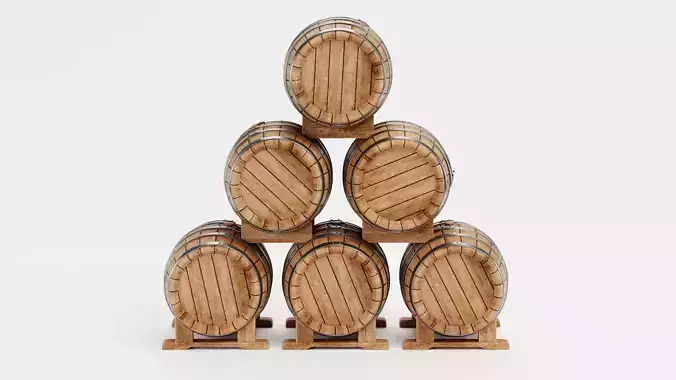 Wine Barrels Pile V1 - Oak Casks on Stands Stack 3D model 2