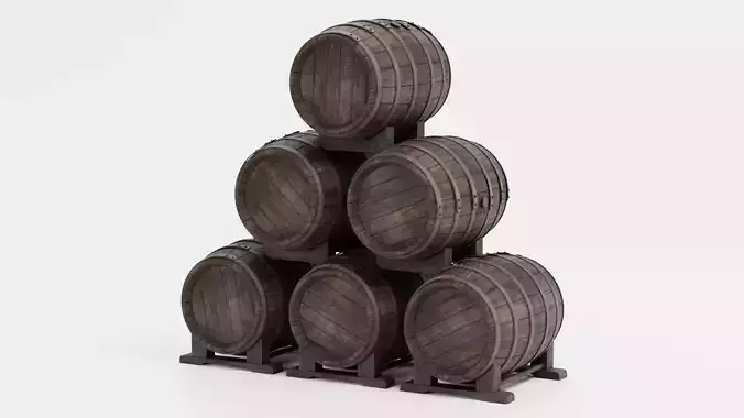 Wine Barrels Pile V2 - Dark Oak Casks on Stands Stack Low-poly 3D model