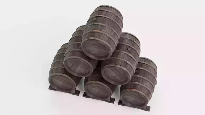 Wine Barrels Pile V2 - Dark Oak Casks on Stands Stack Low-poly 3D model 5