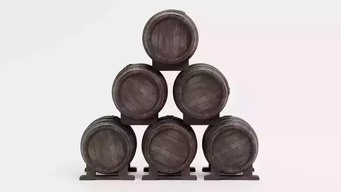 Wine Barrels Pile V2 - Dark Oak Casks on Stands Stack Low-poly 3D model 2