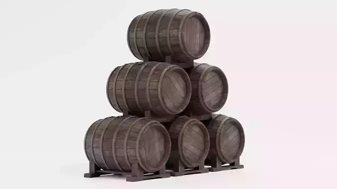 Wine Barrels Pile V2 - Dark Oak Casks on Stands Stack Low-poly 3D model 3