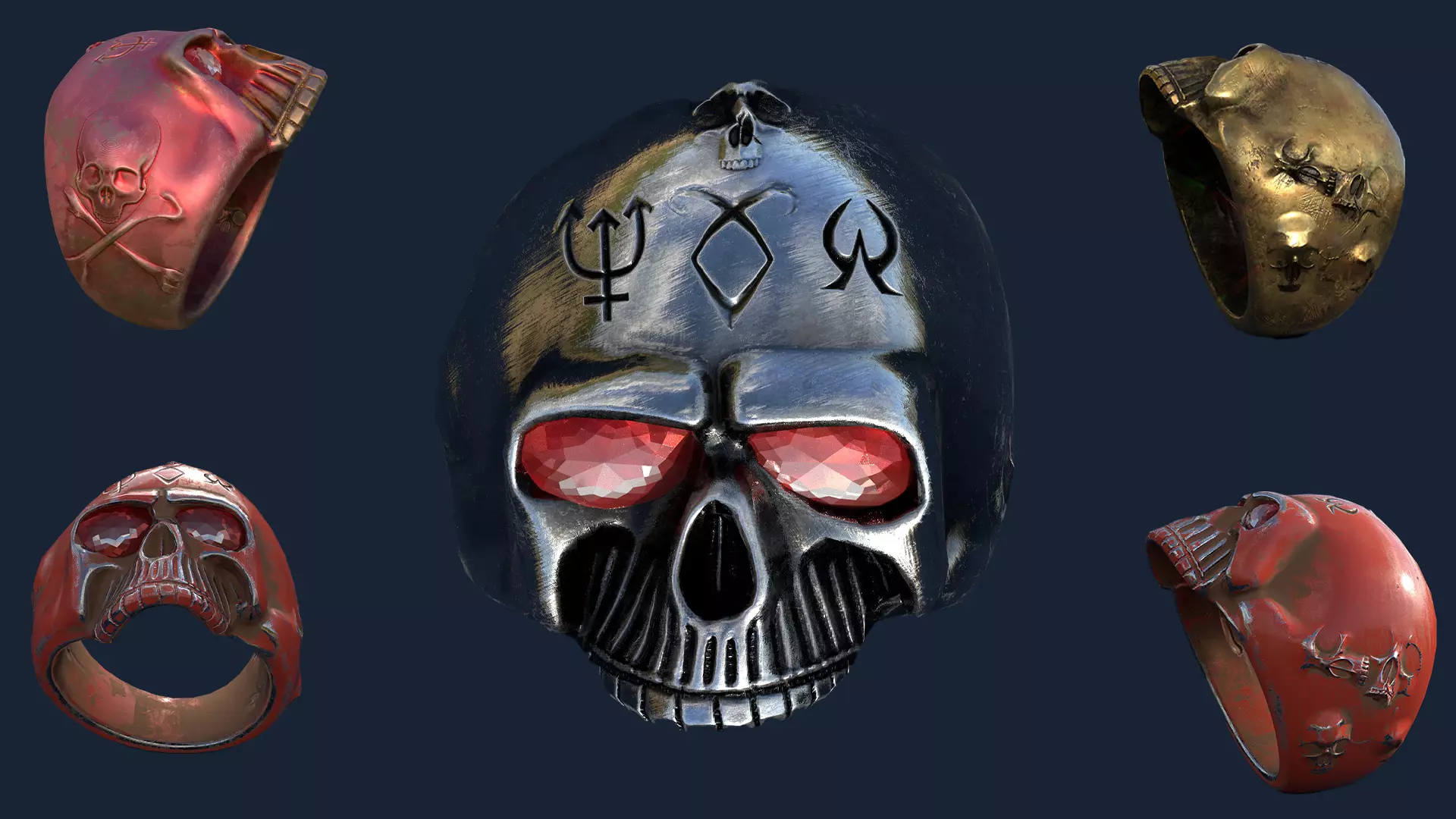 Stylized Skull Ring Pack Game Ready PBR 3D Model 5 Material Low-poly 3D model_0
