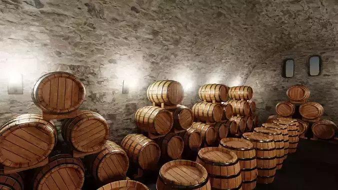 Wine Cellar V1 - Arched Stone Basement with Barrel Layout 3D model 3