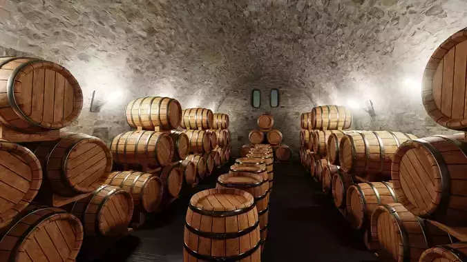 Wine Cellar V1 - Arched Stone Basement with Barrel Layout 3D model 2