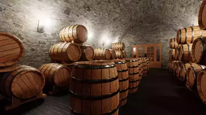 Wine Cellar V1 - Arched Stone Basement with Barrel Layout 3D model 5