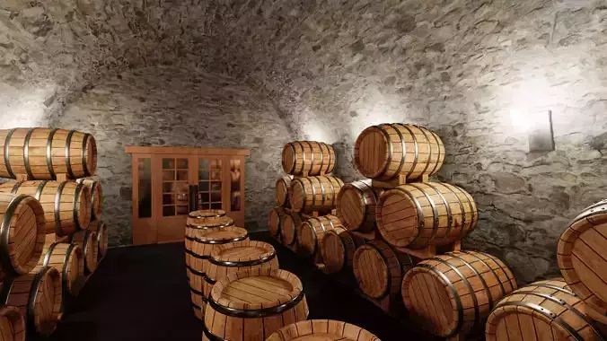 Wine Cellar V1 - Arched Stone Basement with Barrel Layout 3D model 6