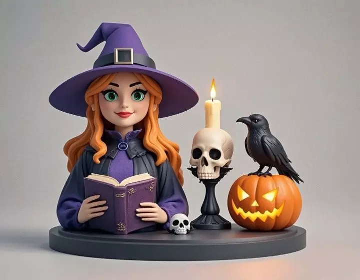 2717Halloween Witch with Spell book Skull Raven and Pumpkin 3D print model_2