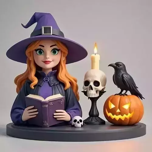 2717Halloween Witch with Spell book Skull Raven and Pumpkin