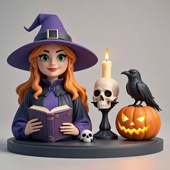 2717Halloween Witch with Spell book Skull Raven and Pumpkin 3D print model_7
