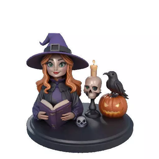 2717Halloween Witch with Spell book Skull Raven and Pumpkin 3D print model_10