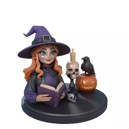 2717Halloween Witch with Spell book Skull Raven and Pumpkin 3D print model_12