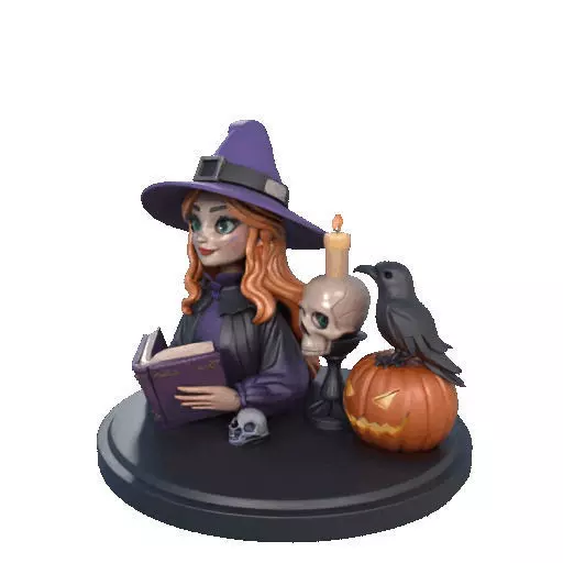 2717Halloween Witch with Spell book Skull Raven and Pumpkin 3D print model_37