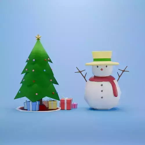 Low Poly Christmas Tree and Snowman 