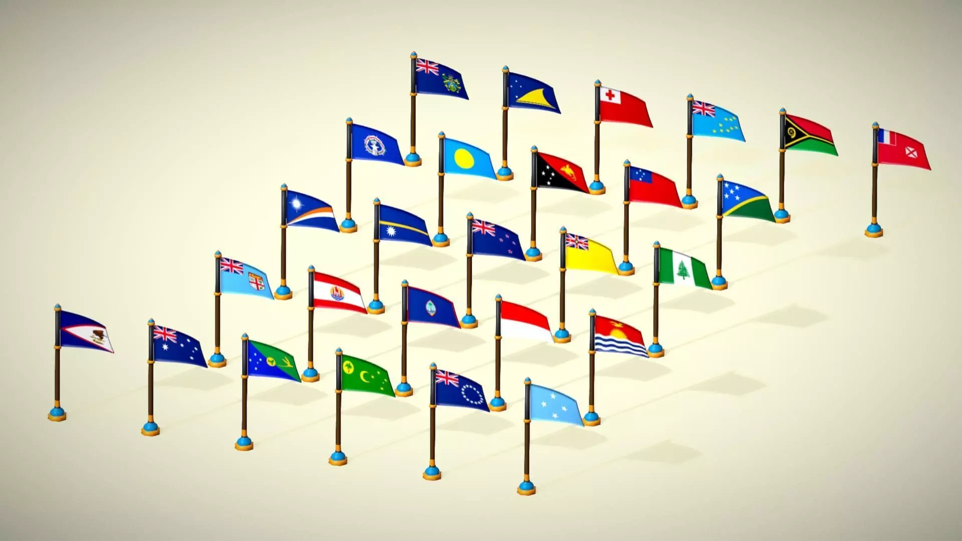 Oceania Countries Flags Pack Toon Style Australian Region Low-poly 3D model_8