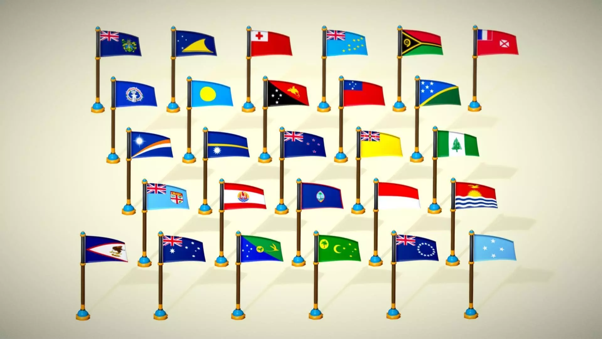 Oceania Countries Flags Pack Toon Style Australian Region Low-poly 3D model_3