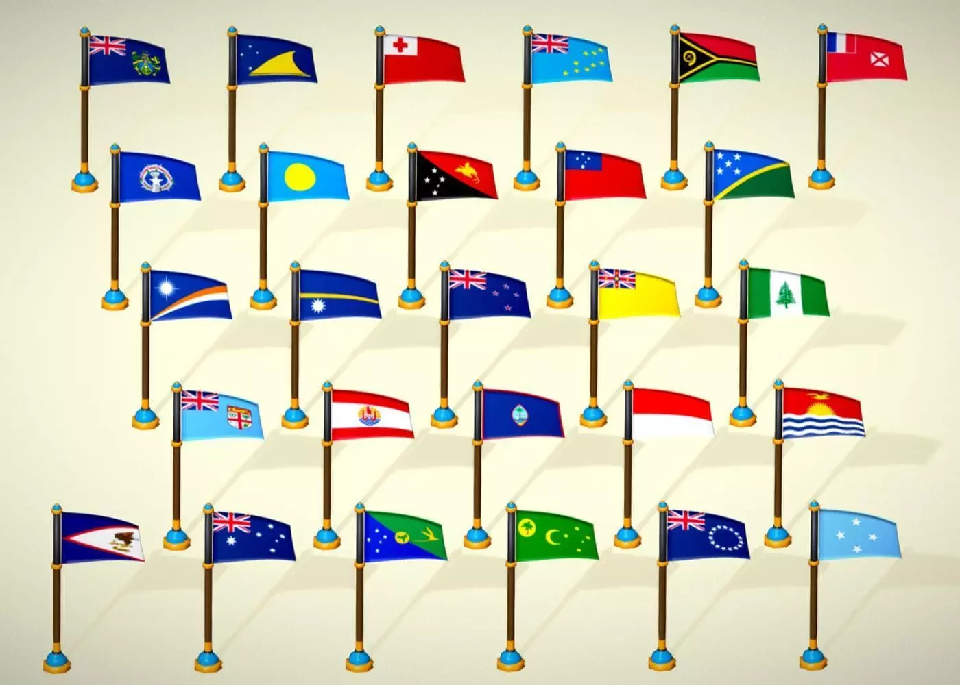 Oceania Countries Flags Pack Toon Style Australian Region Low-poly 3D model_0