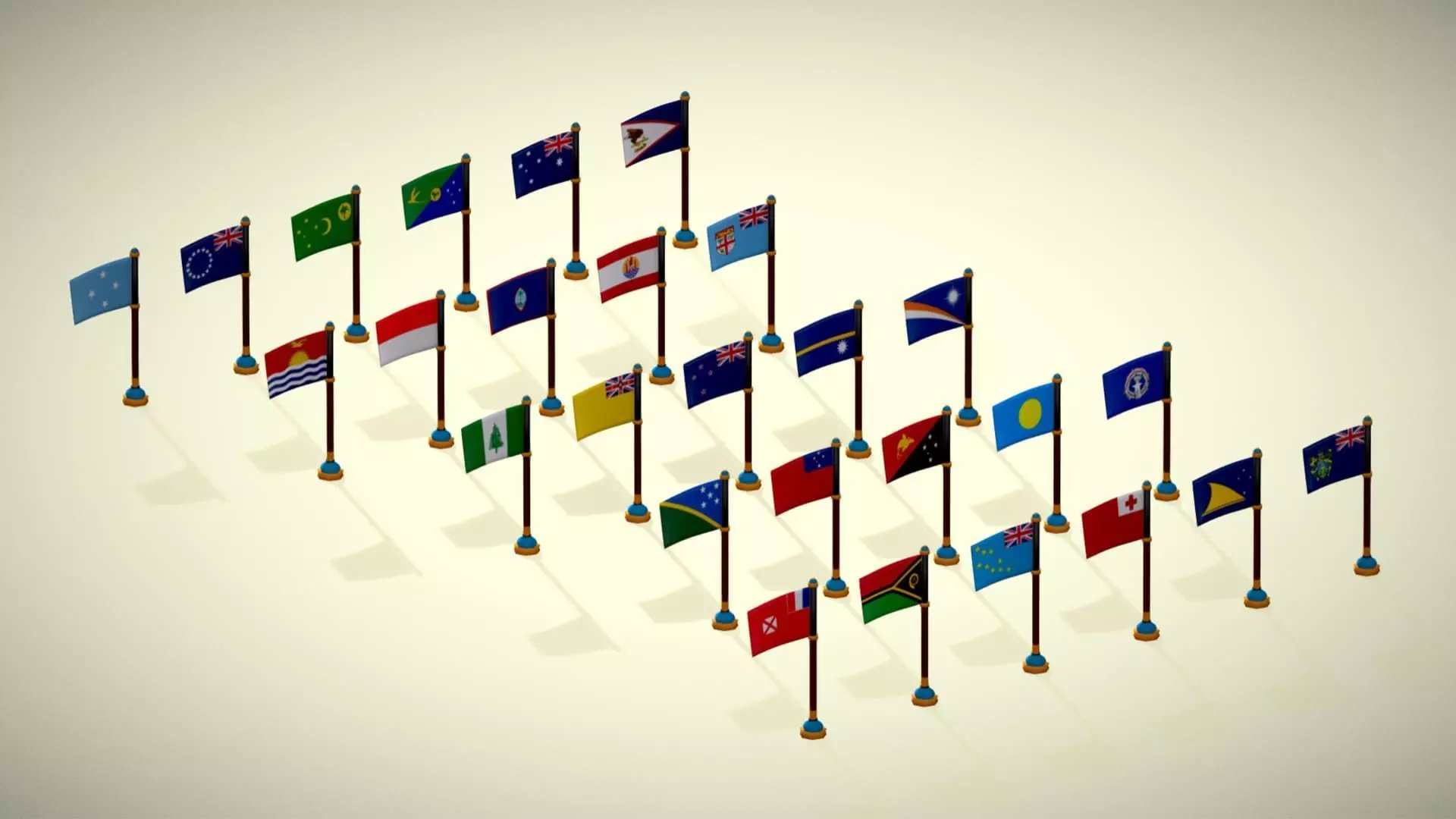 Oceania Countries Flags Pack Toon Style Australian Region Low-poly 3D model_9
