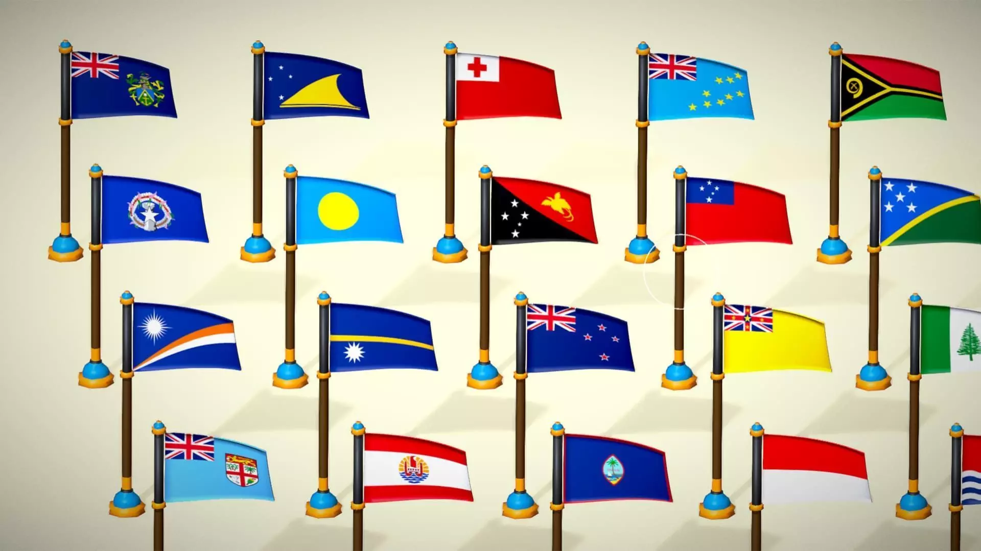 Oceania Countries Flags Pack Toon Style Australian Region Low-poly 3D model_7