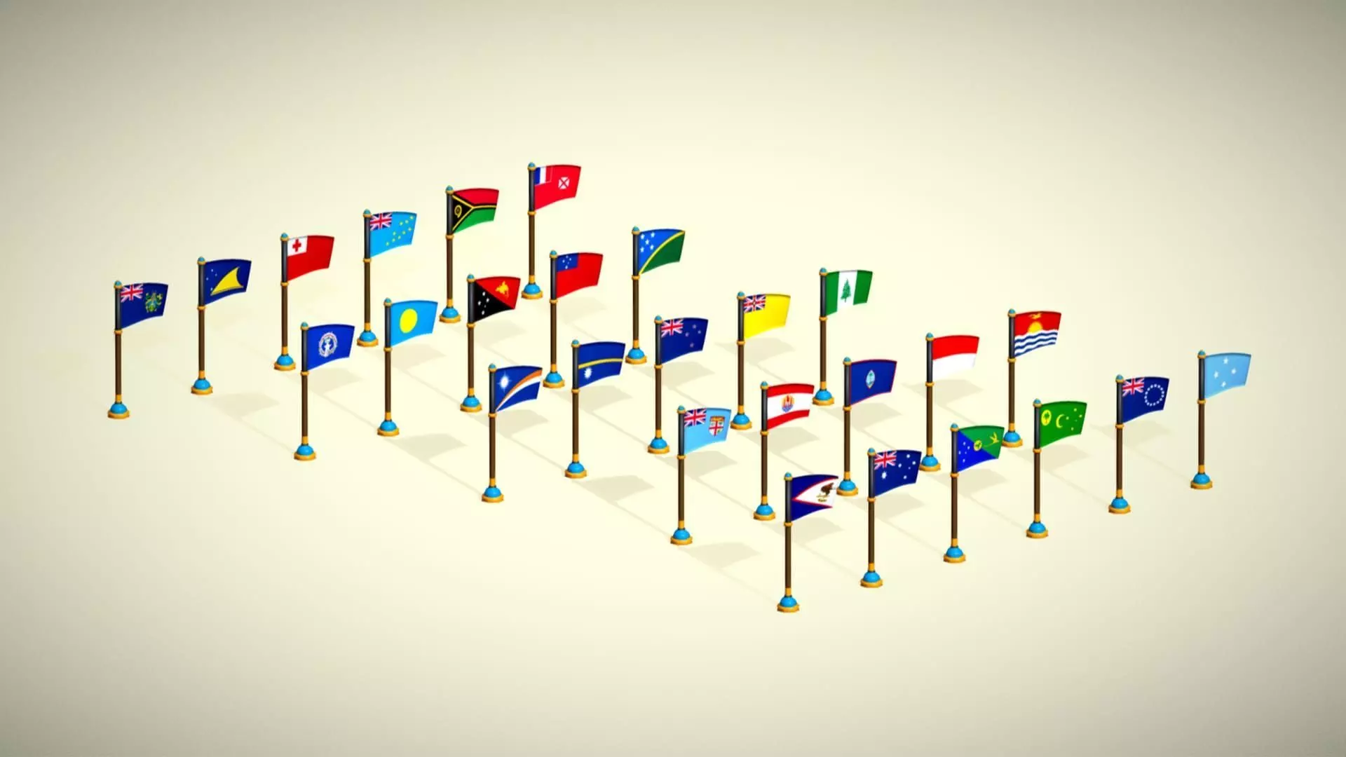 Oceania Countries Flags Pack Toon Style Australian Region Low-poly 3D model_11