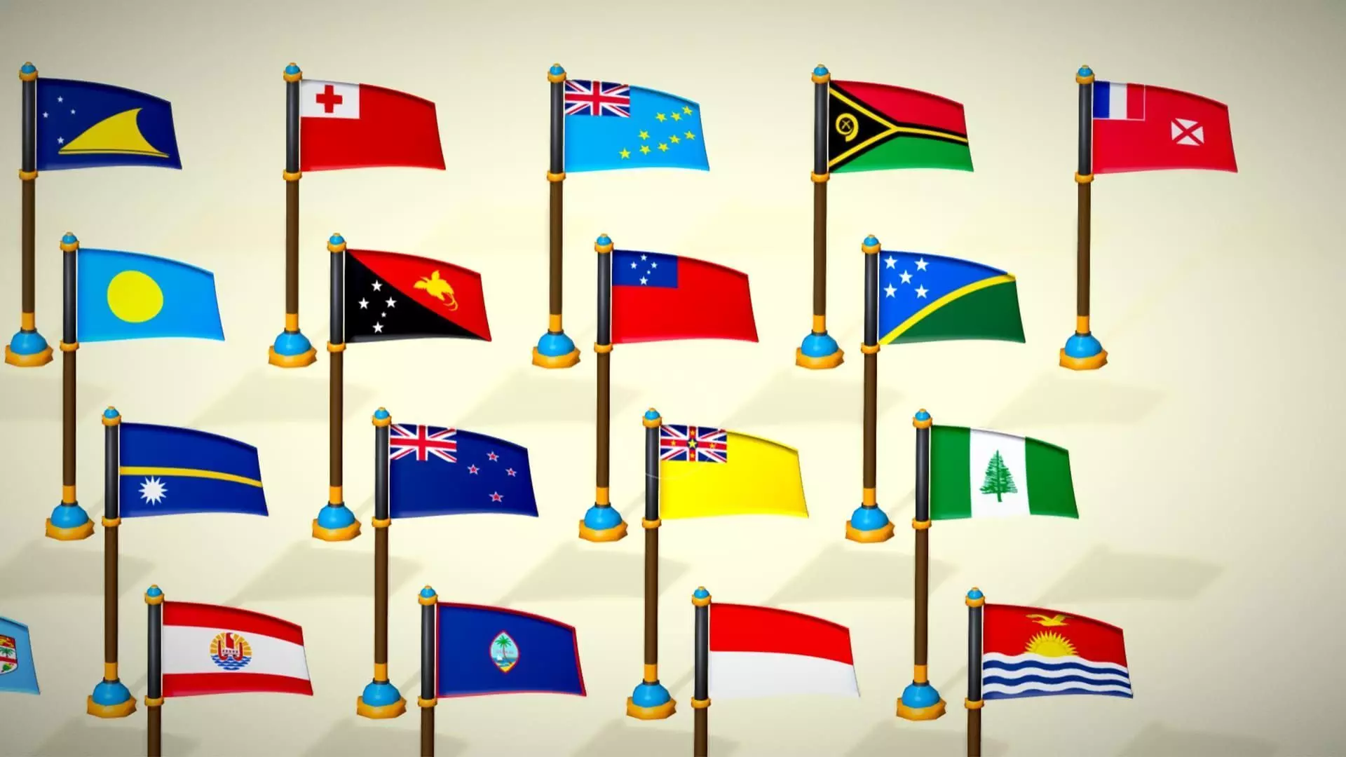 Oceania Countries Flags Pack Toon Style Australian Region Low-poly 3D model_6