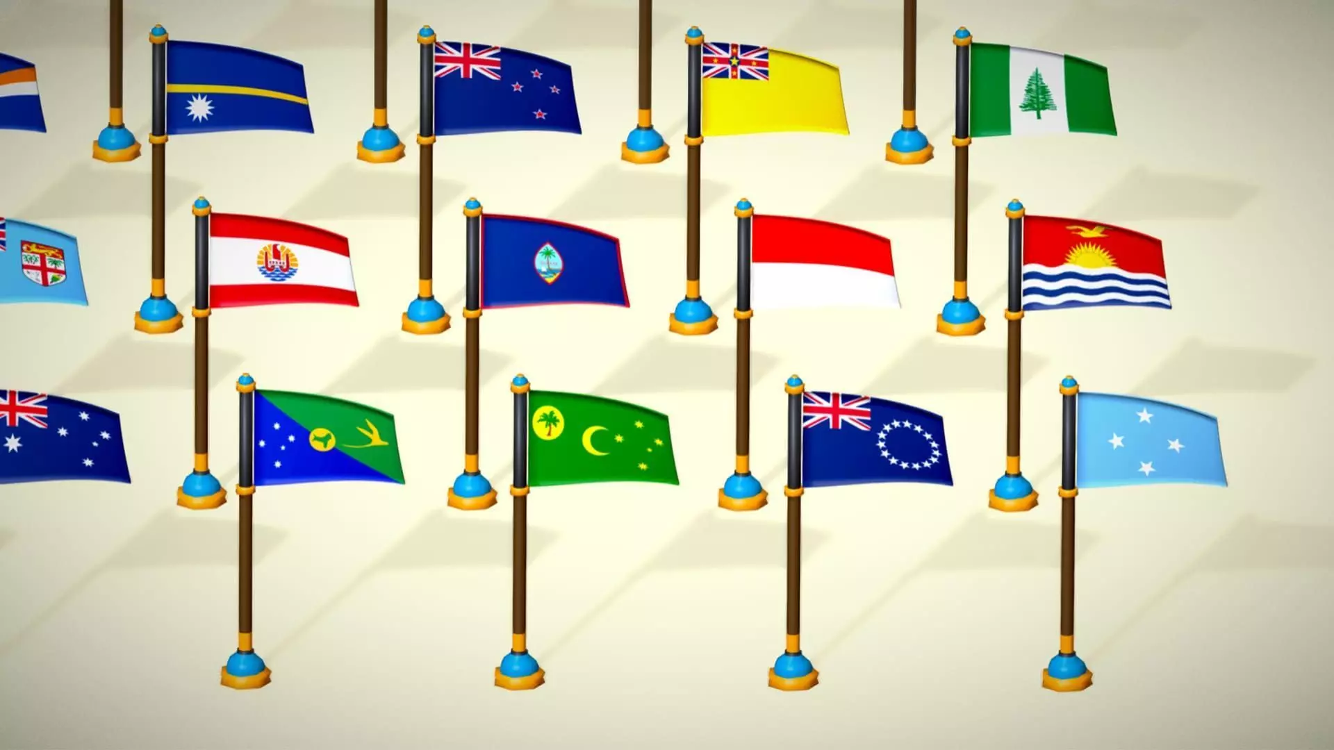 Oceania Countries Flags Pack Toon Style Australian Region Low-poly 3D model_5