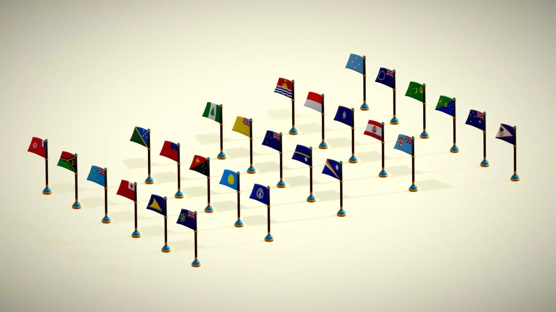 Oceania Countries Flags Pack Toon Style Australian Region Low-poly 3D model_10