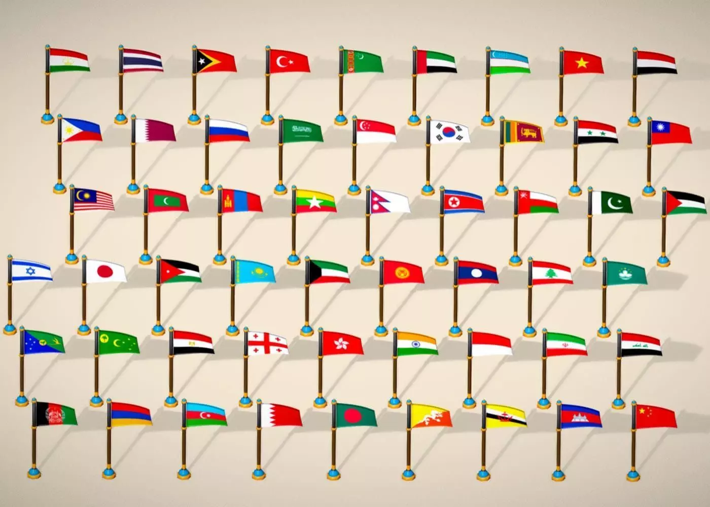 Asia Countries Flags Pack - Toon Style Pack Low Poly Low-poly 3D model_0