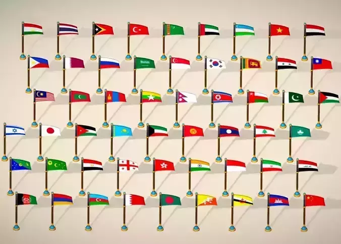 Asia Countries Flags Pack - Toon Style Pack Low Poly
