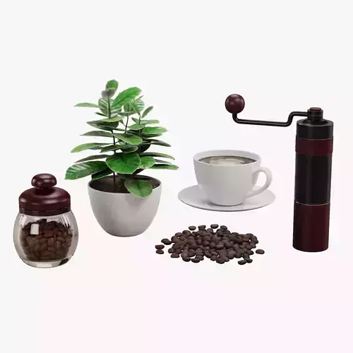 Coffee Set - Manual Grinder Arabica Plant Beans Jar and Cup 3D model