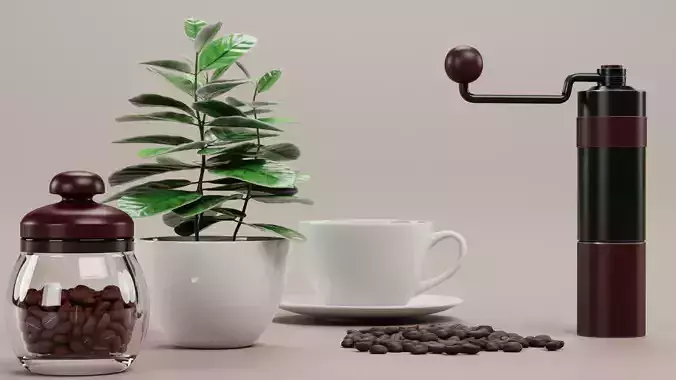 Coffee Set - Manual Grinder Arabica Plant Beans Jar and Cup 3D model 5